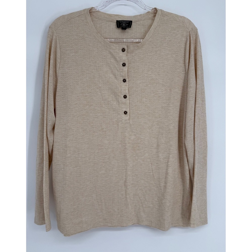 GH Bass & Co Womens Sz XL Beige Ribbed Knit Long Sleeve Henley Top Heather